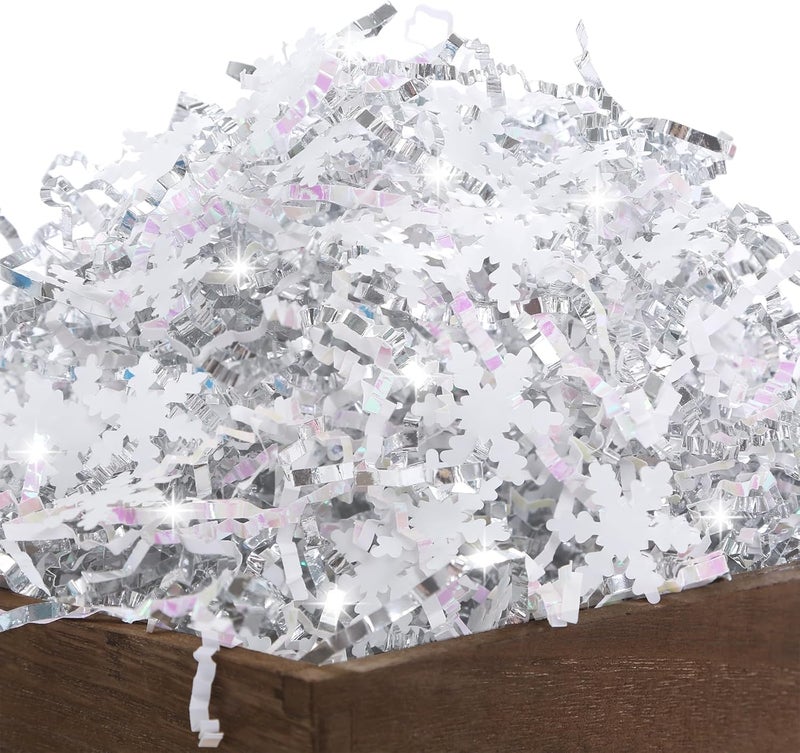 PAPER FAIR 1LB Metallic Silver Diamond White Crinkle Cut Paper Shred Filler w/Snowflake Confetti, Christmas Gift Wrap Packaging Strand, Craft Bedding Cushion, Birthday Box Basket - Image 1